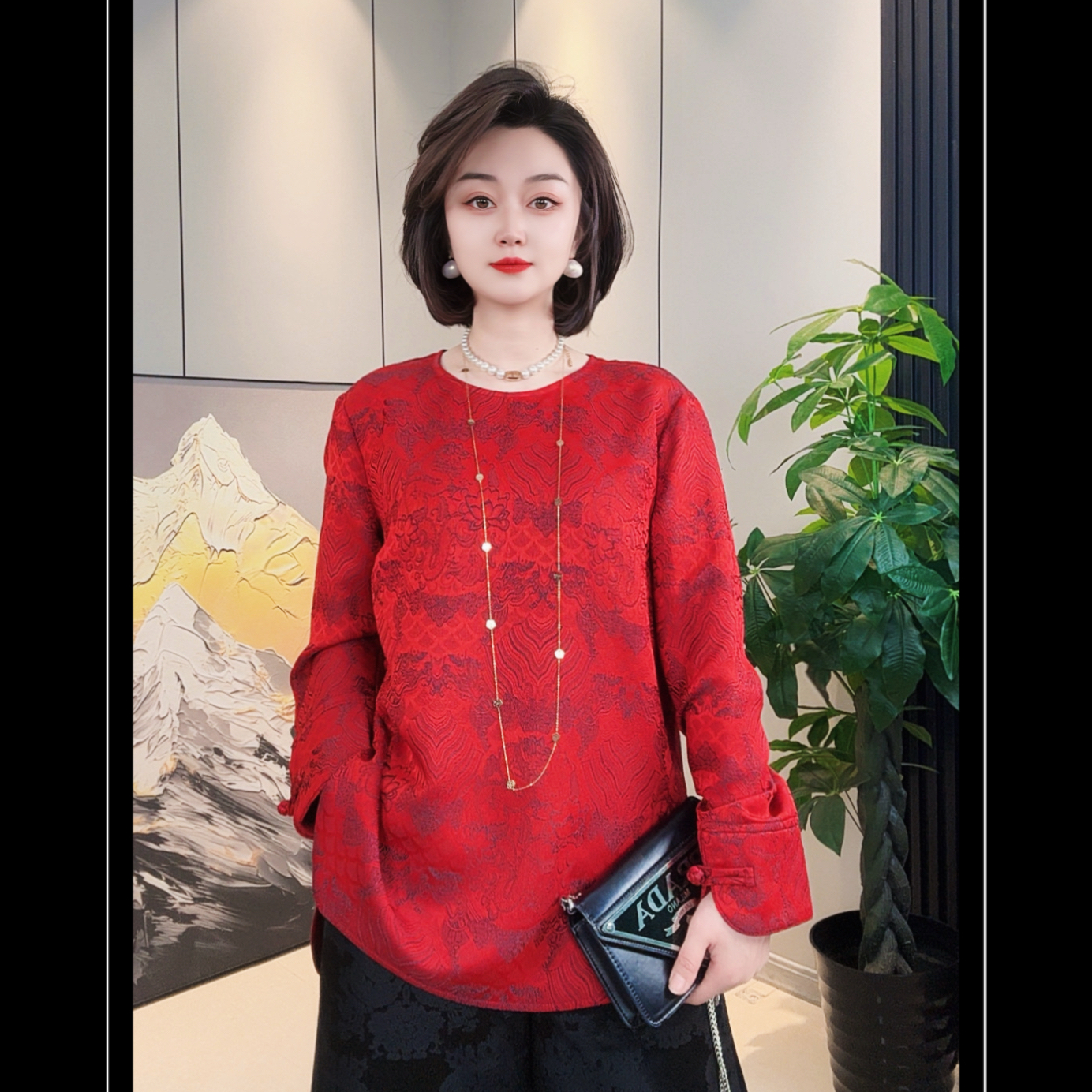 8501【佳衣恋】提花圆领新中式民族风新款长袖百搭上衣