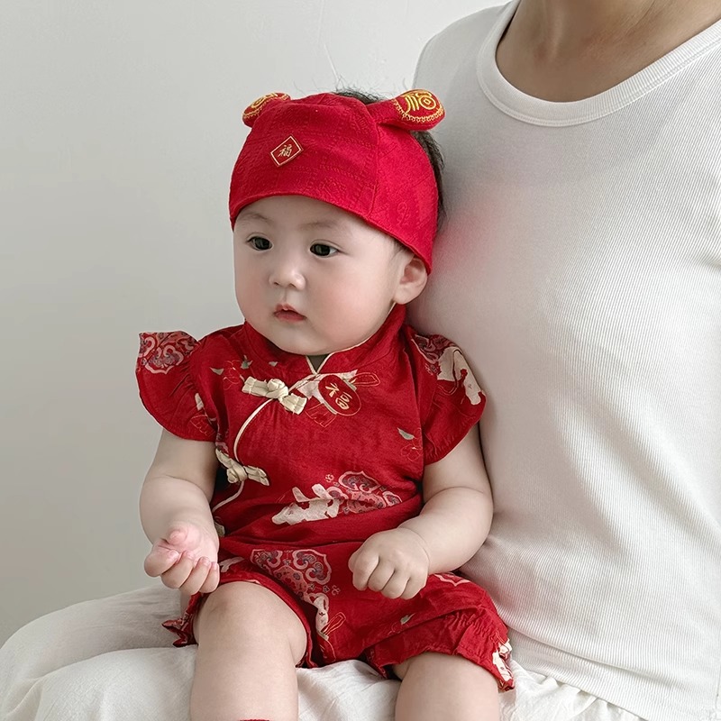 红色喜庆婴儿帽子夏季男女宝宝护囱门新生满月胎帽纯棉囟门空顶帽