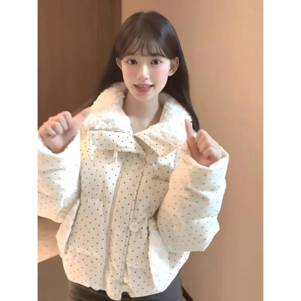 韩系甜美风波点毛领棉服外套女秋冬季宽松加厚保暖短款面包服高街