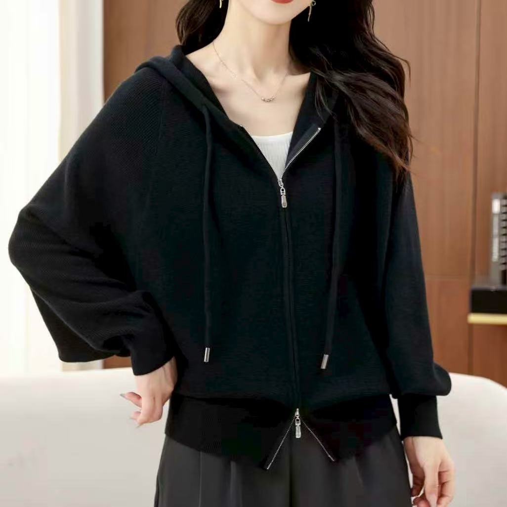 A183#纯黑色双头拉链针织开衫显瘦百搭通勤慵懒保暖柔软