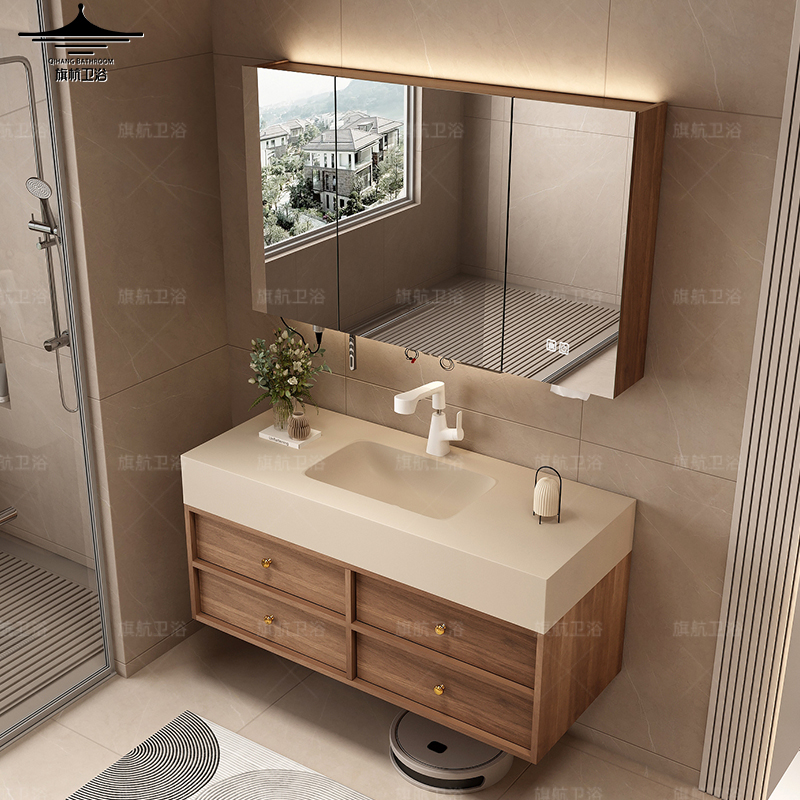 【中古风】宋式美学浴室柜岩板热弯一体盆洗手脸盆柜组合卫生间7465