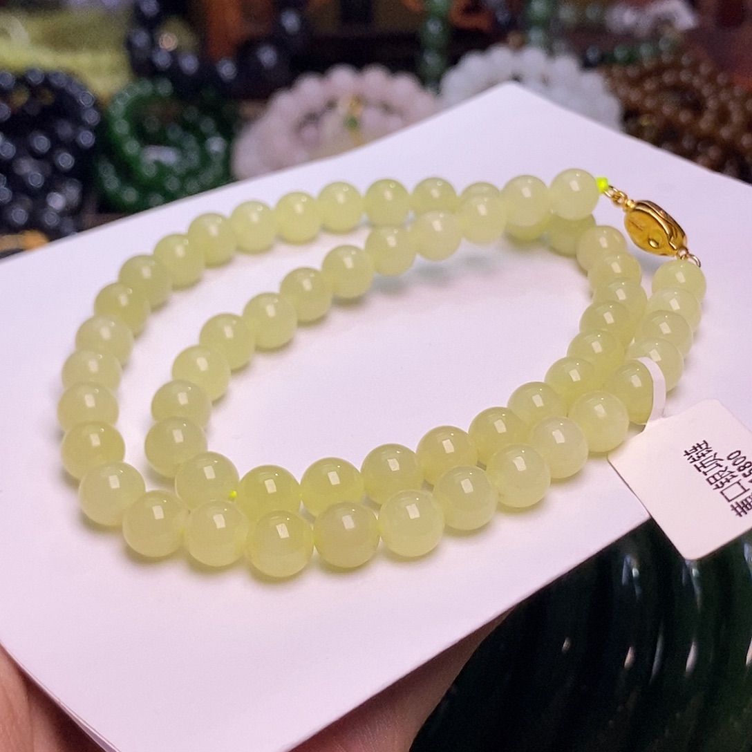 和田玉未镶嵌颈饰若羌银镶黄口妈妈链8mM