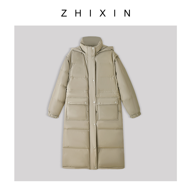 ZHIXIN很厚很暖和可拆卸袖子和帽子冬季必备连帽中长款羽绒服外套