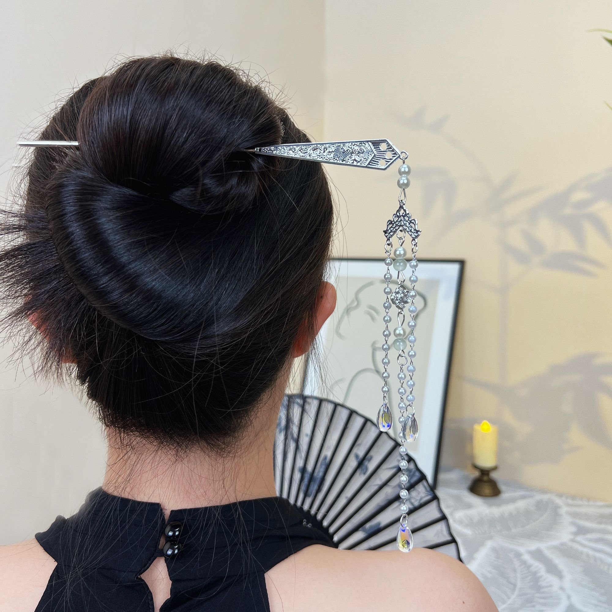 民族风银色珠珠水滴步摇复古简约簪发小众气质百搭中国风饰品手工