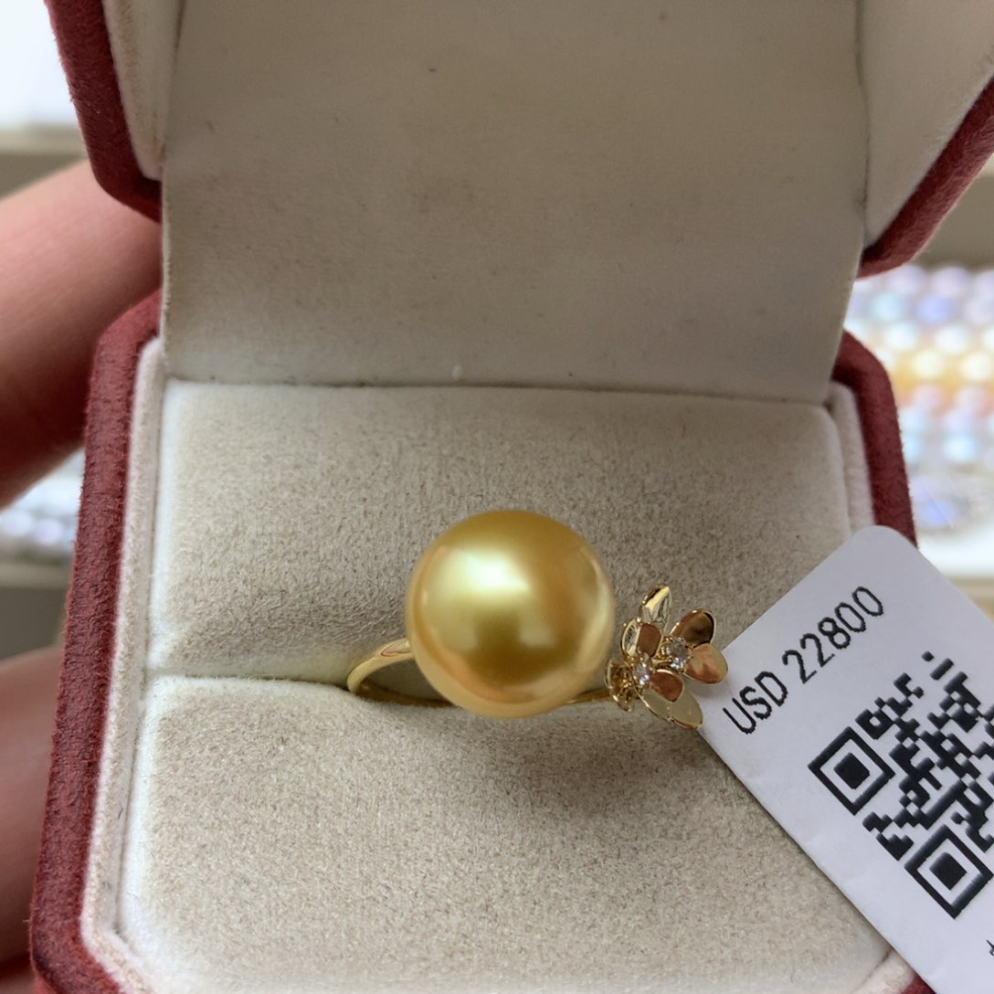 海水珍珠戒指18K金镶嵌10-11南洋金珠戒指