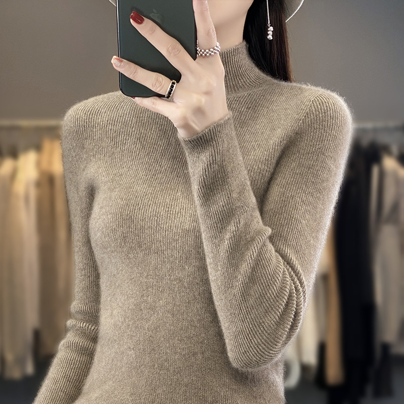 【一线成衣】100羊毛抽条半高领长袖针织内搭半高领气质修身打底衫