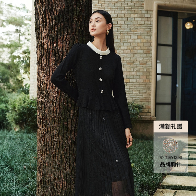 珂莱蒂尔【绵羊毛】Koradior商场同款2025冬季千金风假两件小黑裙