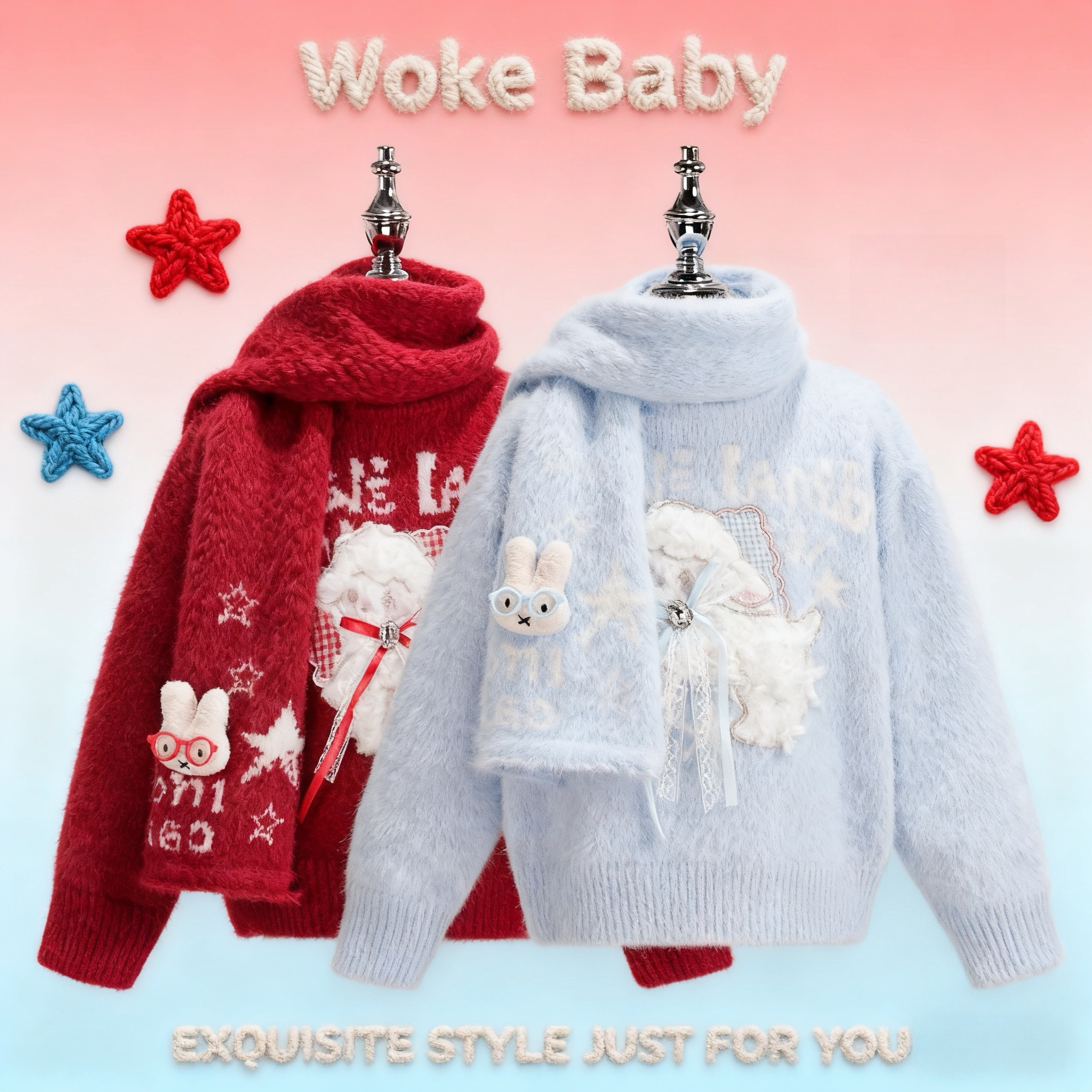 【现货】女童秋冬软糯可爱小羊字母提花宽松带汉服W5126