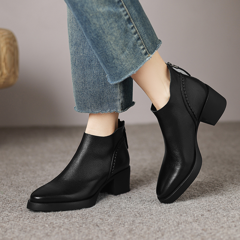跟5cm/羊皮/秋冬新款羊皮短靴百搭舒适成型底粗跟尖头女鞋KL520