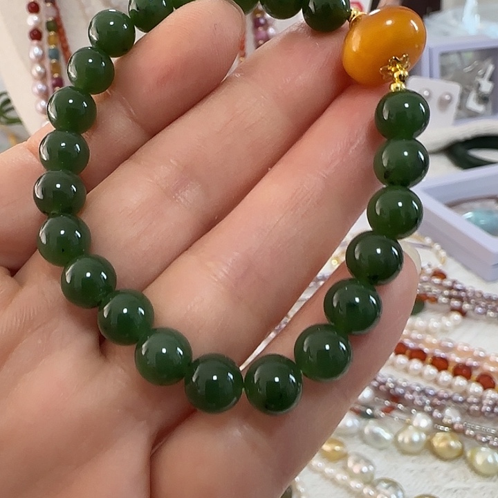 和田玉（碧玉）未镶嵌手链7.5圆珠国风设计天然结构