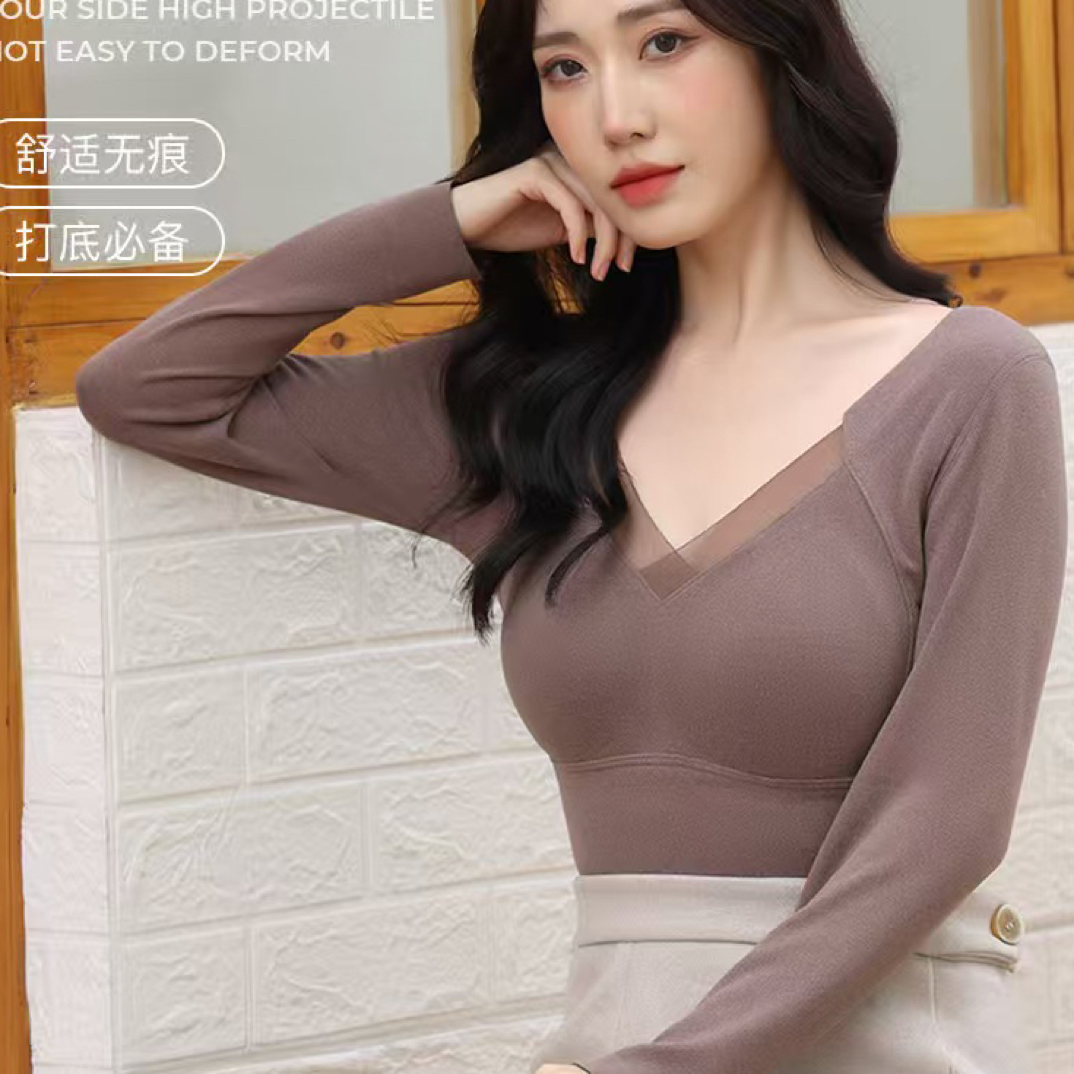 8805石墨烯保暖打底长袖女带胸垫发热免穿内衣加厚无痕长袖上衣冬