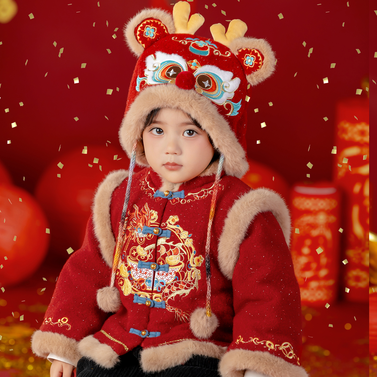 【圆满满】汉服男童冬装25年中国风红色喜庆套装儿童过年唐装拜年服