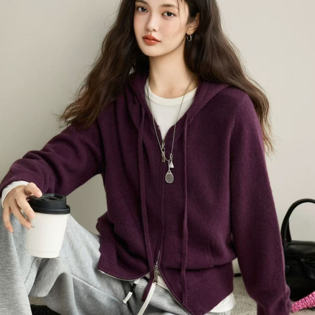 25秋冬新款针织开衫女四平加厚连帽休闲长袖外套6581