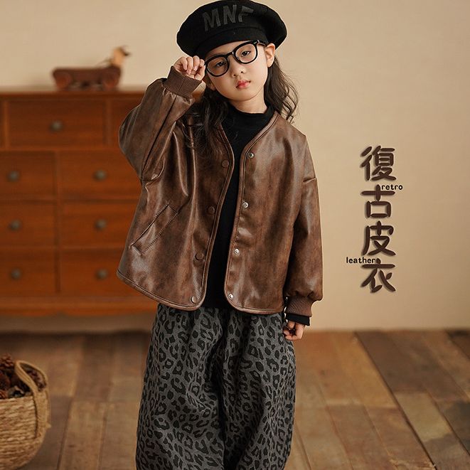 砚台家童装复古女童圆领皮衣2025秋季款儿童皮夹克女宝宝长袖外套