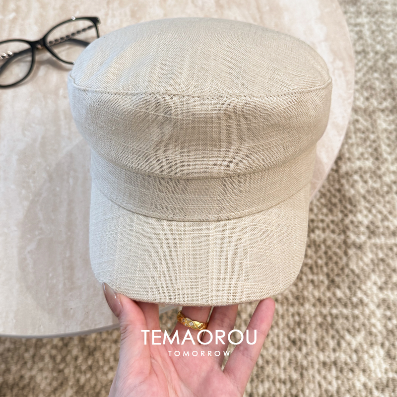 优雅夏季新款奶白色棉麻八角帽子女时尚洋气简约百搭报童帽画家帽