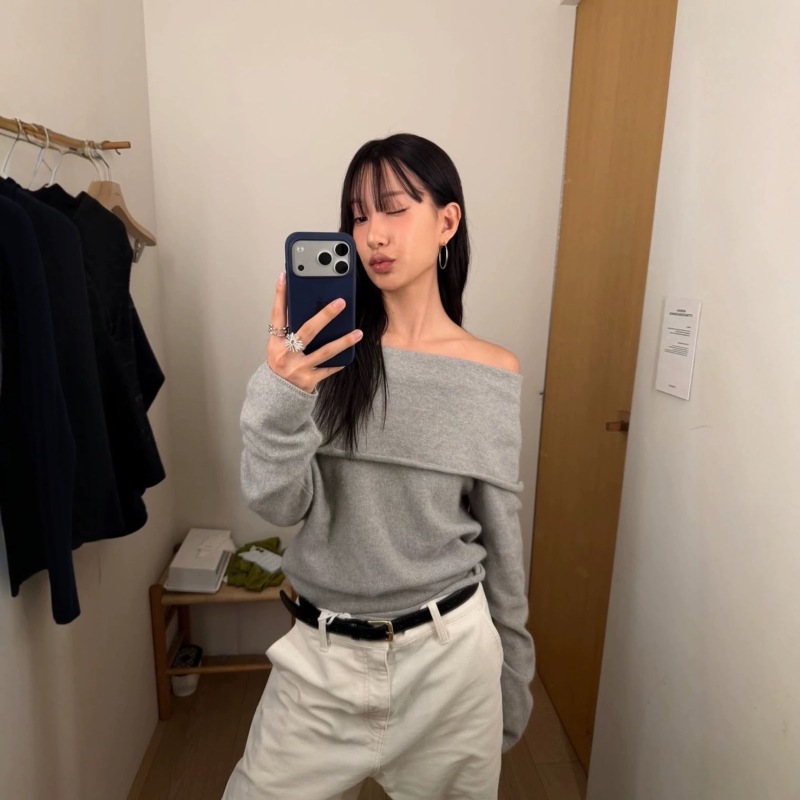 严可莱【monoha一字肩】长袖针织衫 灰色/杏色