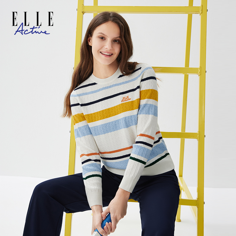 ELLE Active【含绵羊毛】多巴胺彩条毛衣新款条纹圆领套头针织衫女