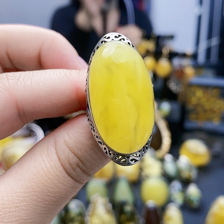 琥珀裸石银S925镶嵌戒指