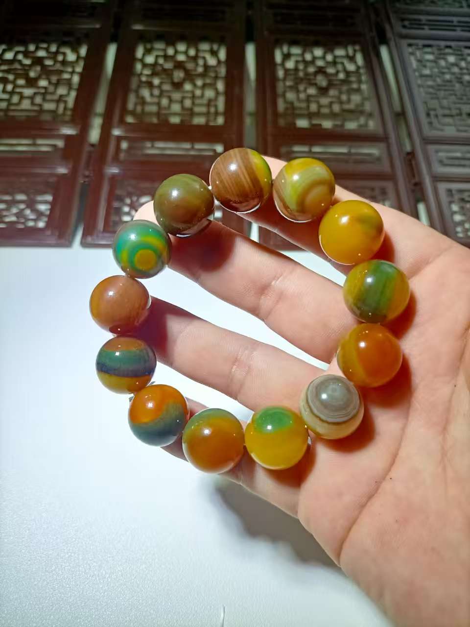 天然玛瑙牛黄手串卡14mm彩色玉石圆珠青芒绿色多宝