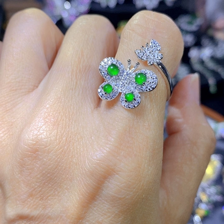 翡翠戒指银S925镶嵌天然翡翠