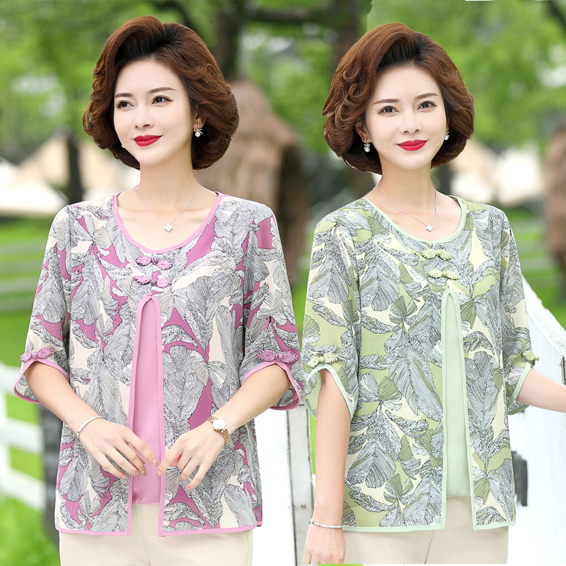 妈妈装新款夏季时尚假两件中袖T恤中老年宽松洋气小衫