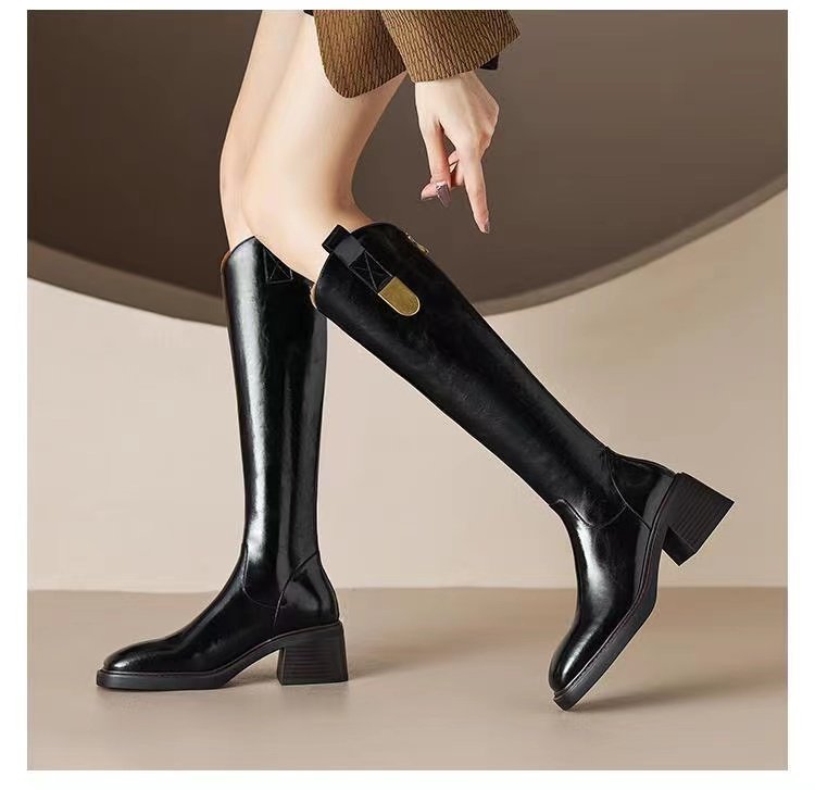 中跟高跟秋冬中筒骑士尖头百搭长筒时尚时装靴
