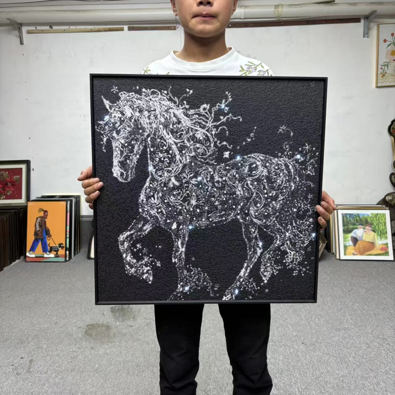 法式黑白轻奢骏马客厅装饰画6060尺寸小众风格