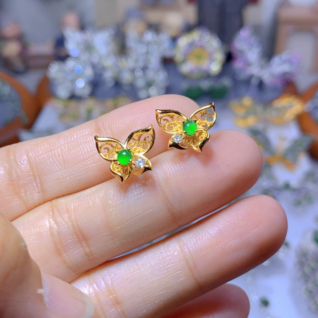 翡翠耳钉银S925镶嵌天然翡翠