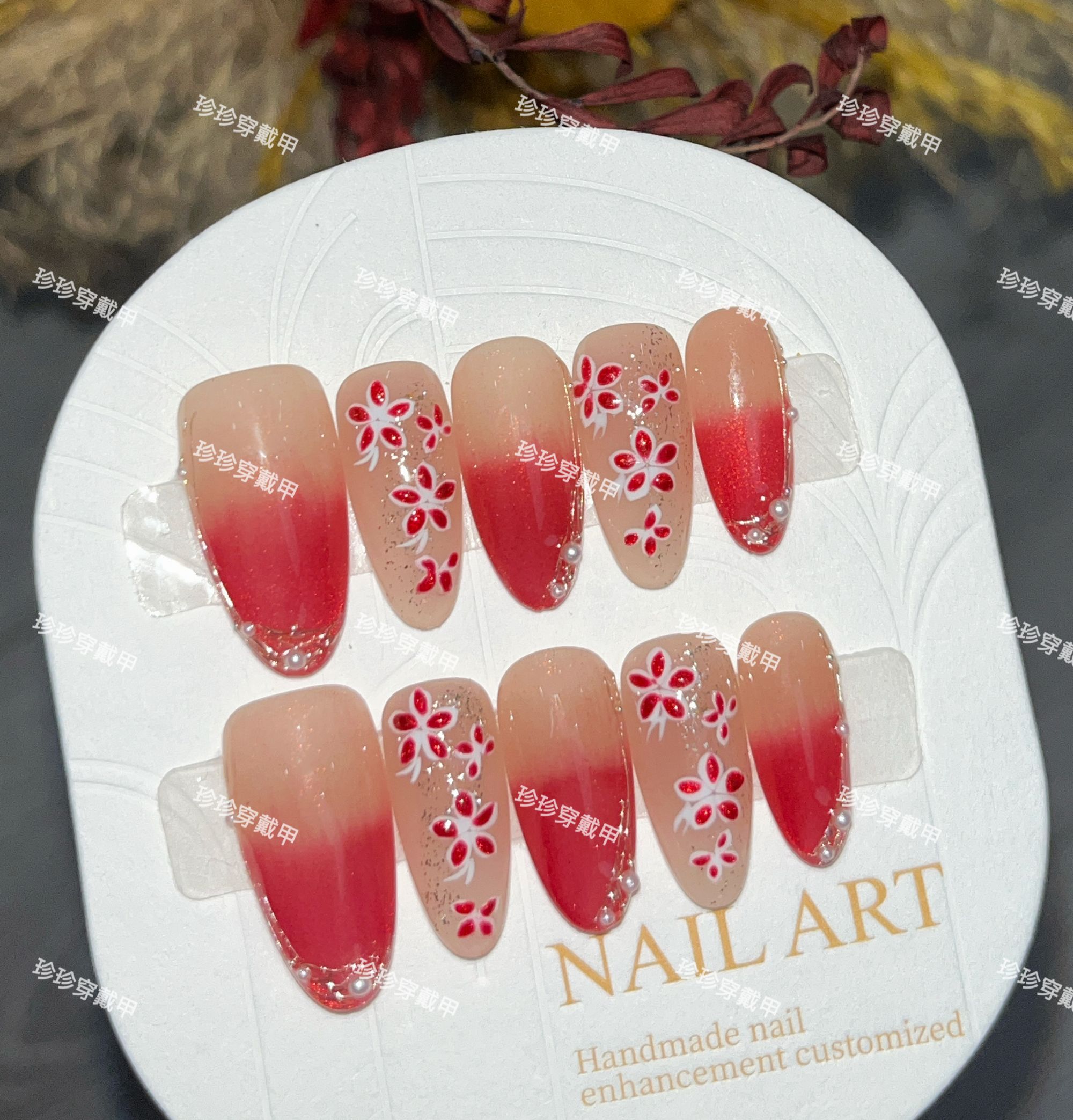 【杨梅花】珍珍手工穿戴甲温柔显白玫红色猫眼渐变细闪手绘花珍珠