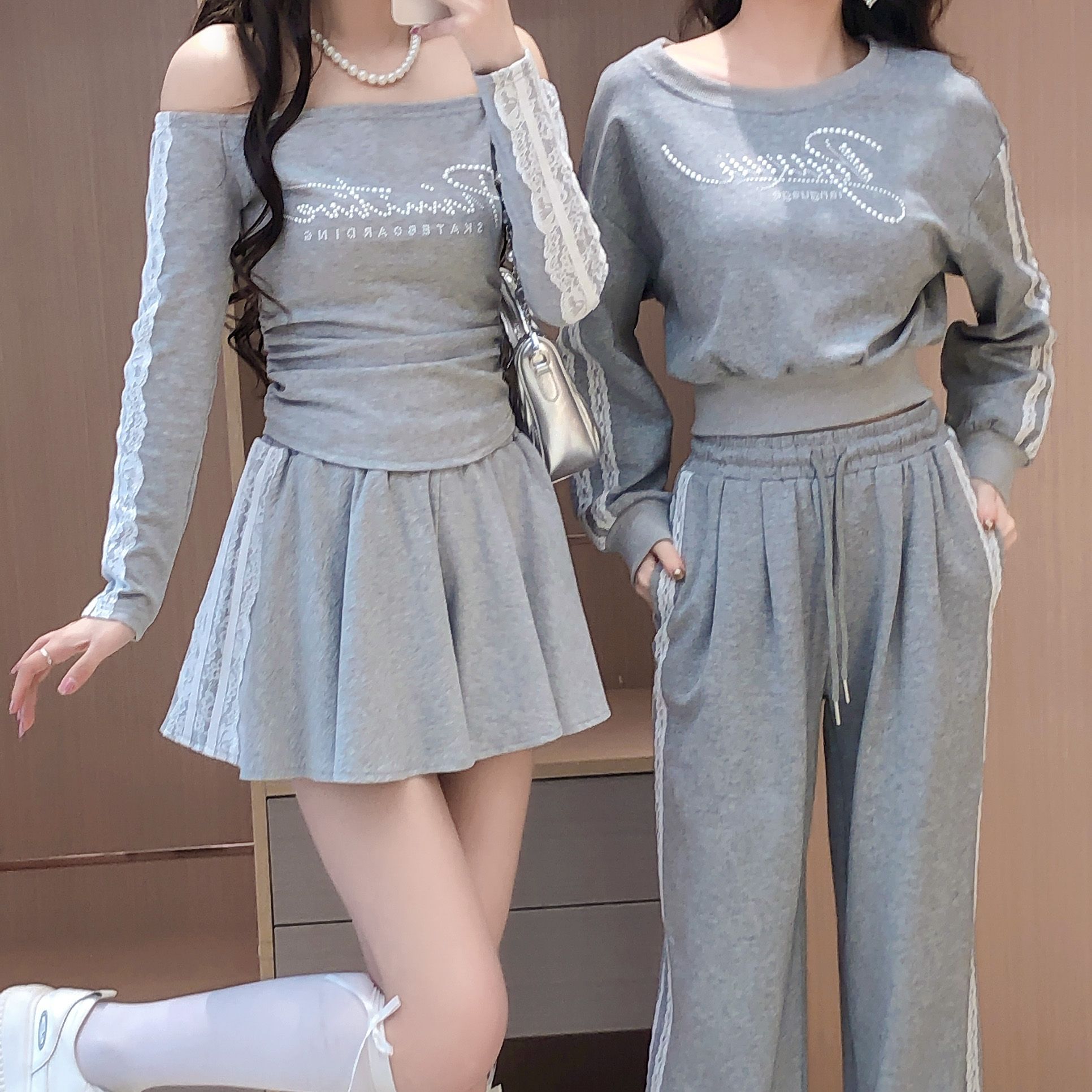 艾日秀2025春季休闲长袖蕾丝拼接卫衣系带收腰长裤两件套 E9594