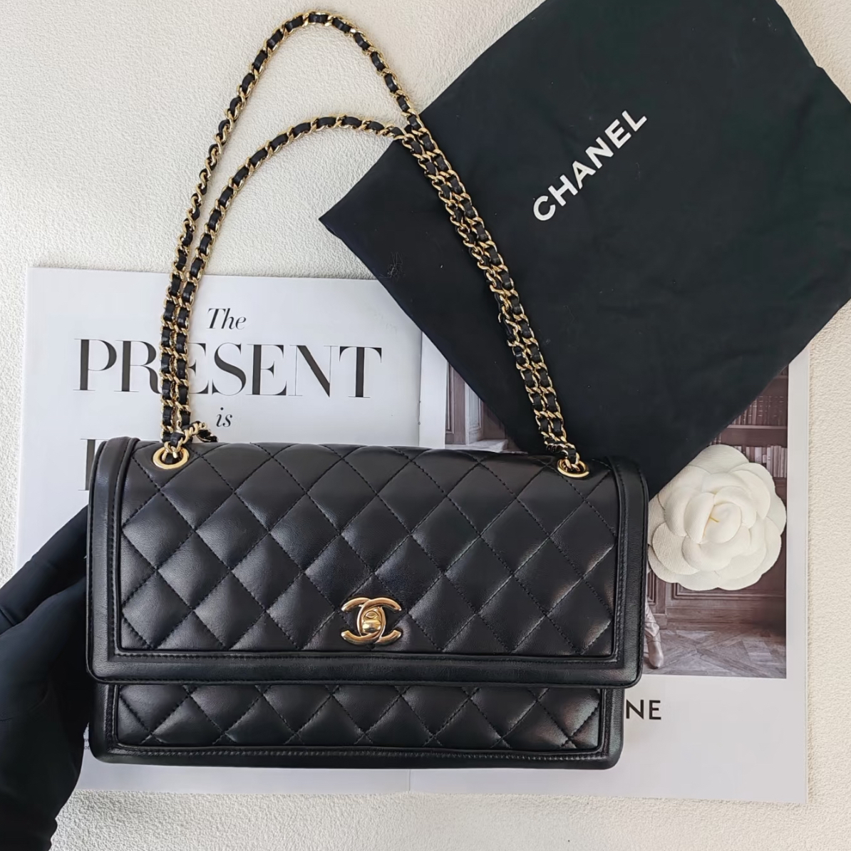 95新 Chanel/香奈儿 多多奢品/香奈儿黑金风琴信封斜挎包/98新