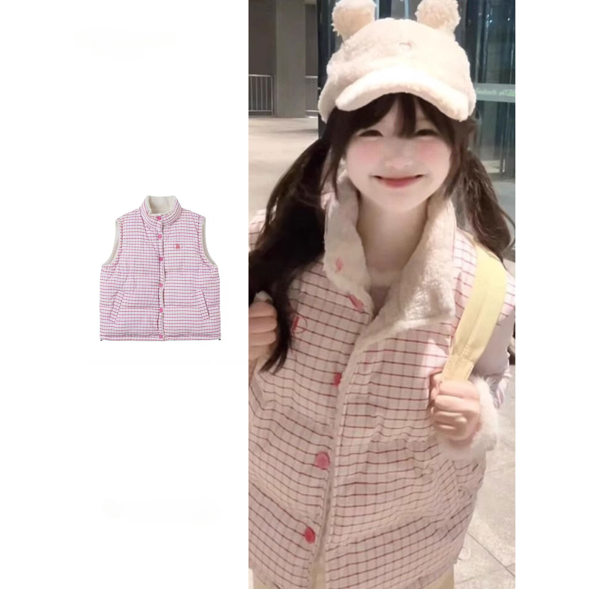 甜美风粉色格子马甲背心外套女冬季休闲设计感正反两穿面包服棉衣