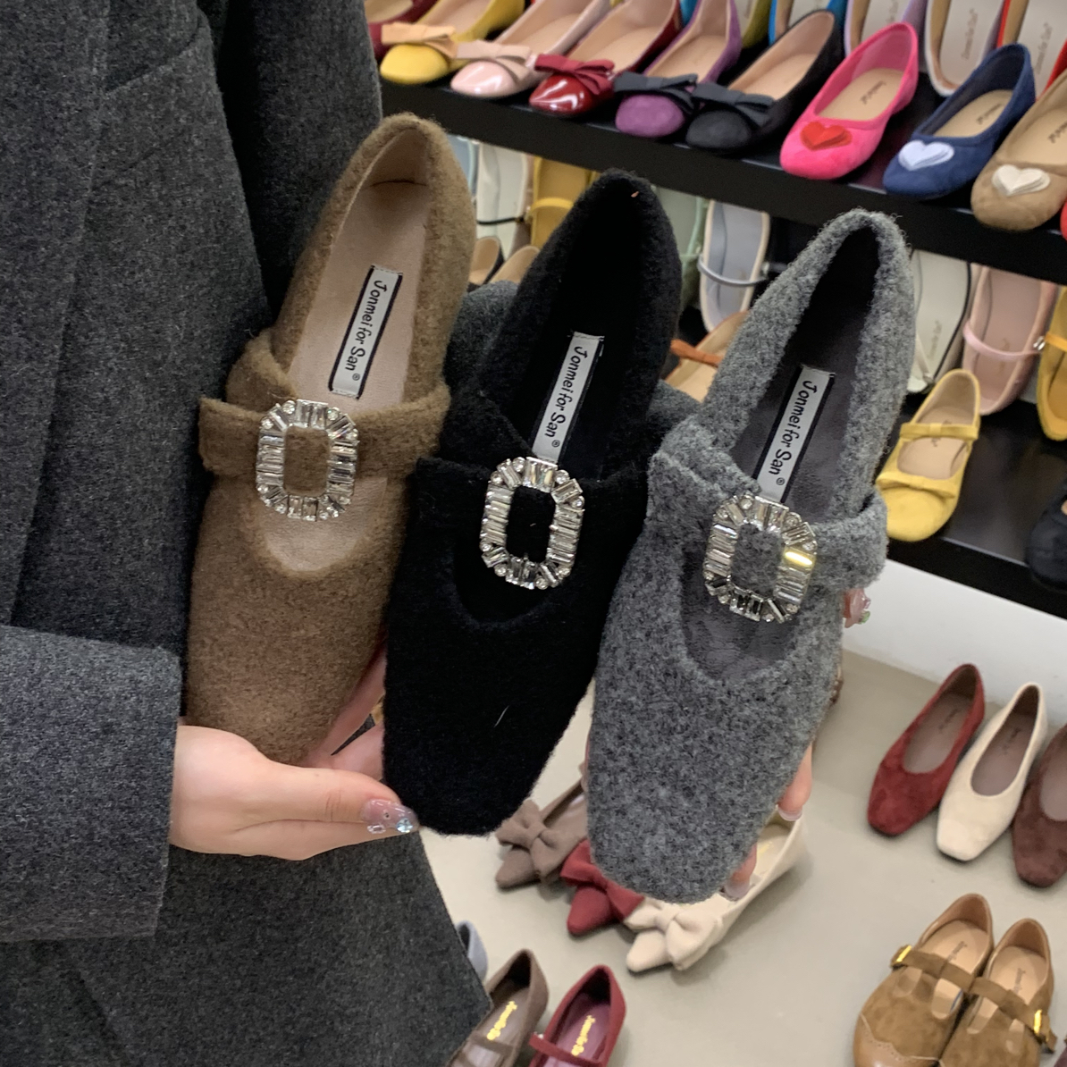 4公分！玛丽珍鞋方扣水钻单鞋方头低跟女鞋子秋冬季加绒保暖晚晚鞋