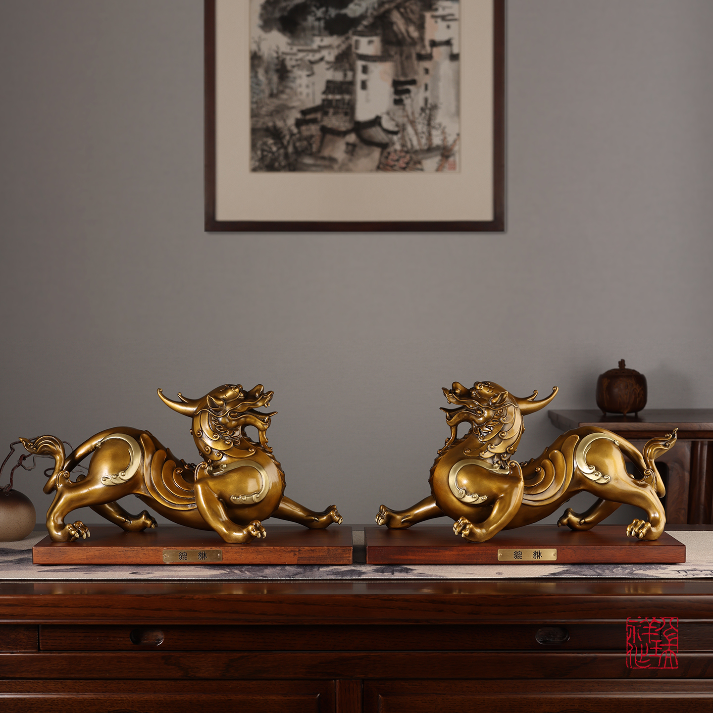 八瑞祥黄铜貔貅摆件一对客厅玄关装饰办公室乔迁新居店铺开业礼品