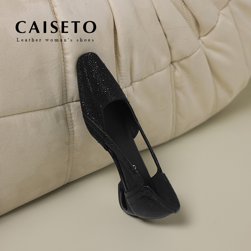 头层牛皮/3cm新款时尚方头百搭低跟单鞋舒适真皮女鞋XL044