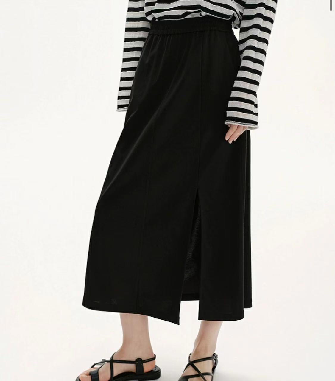 【】黑色高腰设计感开叉长裙  8168