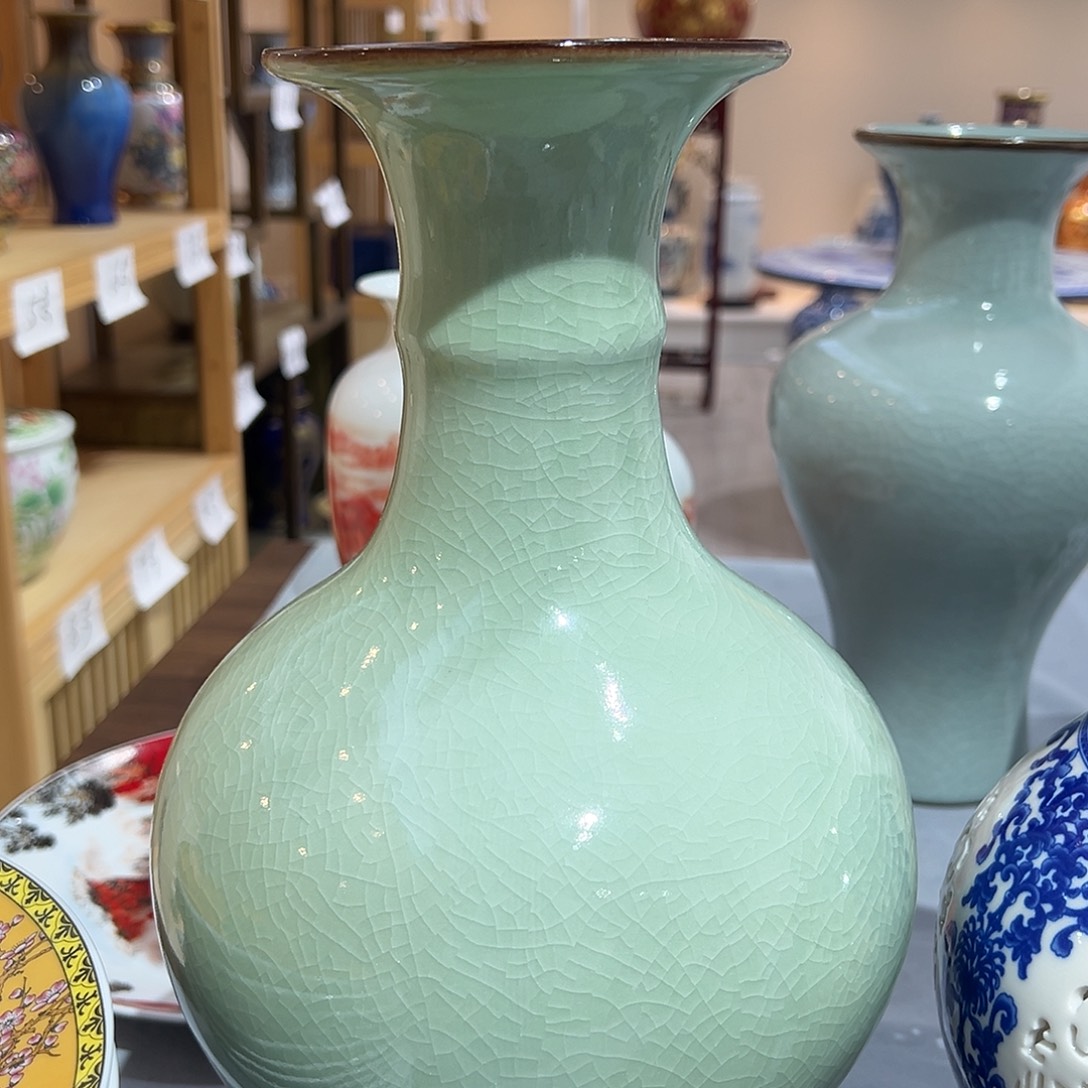 陶摆件30cm开片赏瓶青色