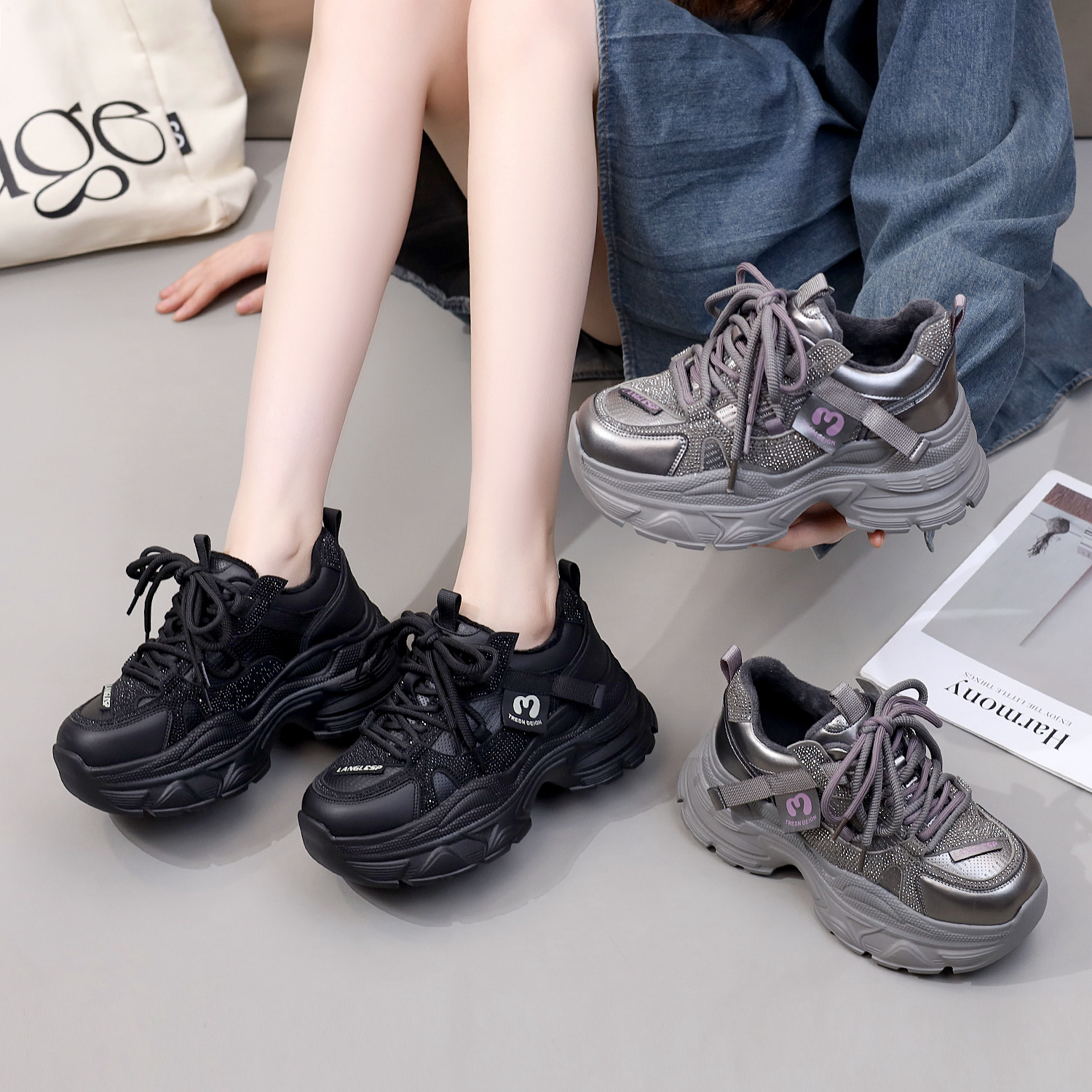 6665达思图2025加绒老爹鞋女新款烫钻轻便厚底百搭休闲运动鞋