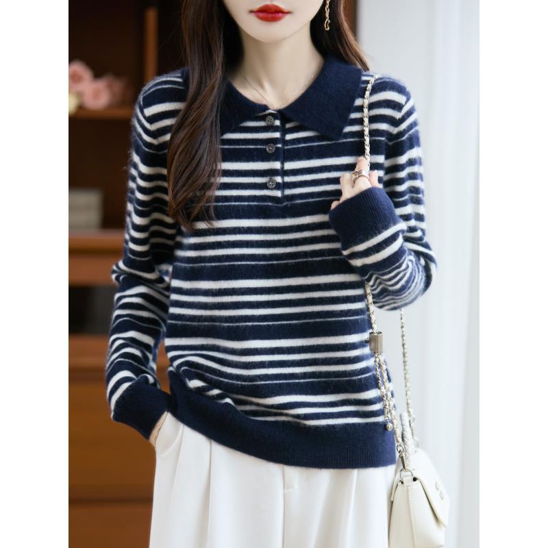 100%羊毛休闲翻领开襟扣条纹羊毛衫D270