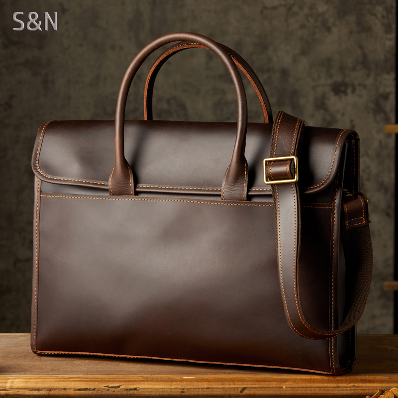 手工疯牛皮横款手提包真皮单肩斜挎包男士OL商务休闲公文包电脑包
