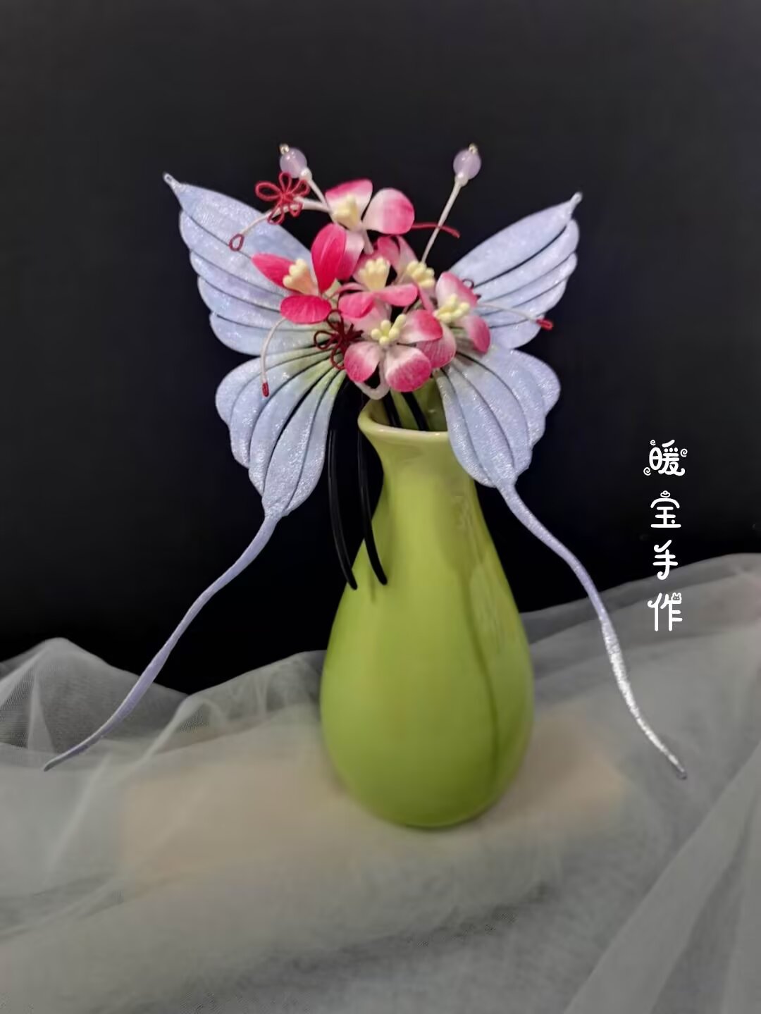 原创发饰-缠花紫色蝴蝶+绒花小花（手工非遗，售出不退不换）