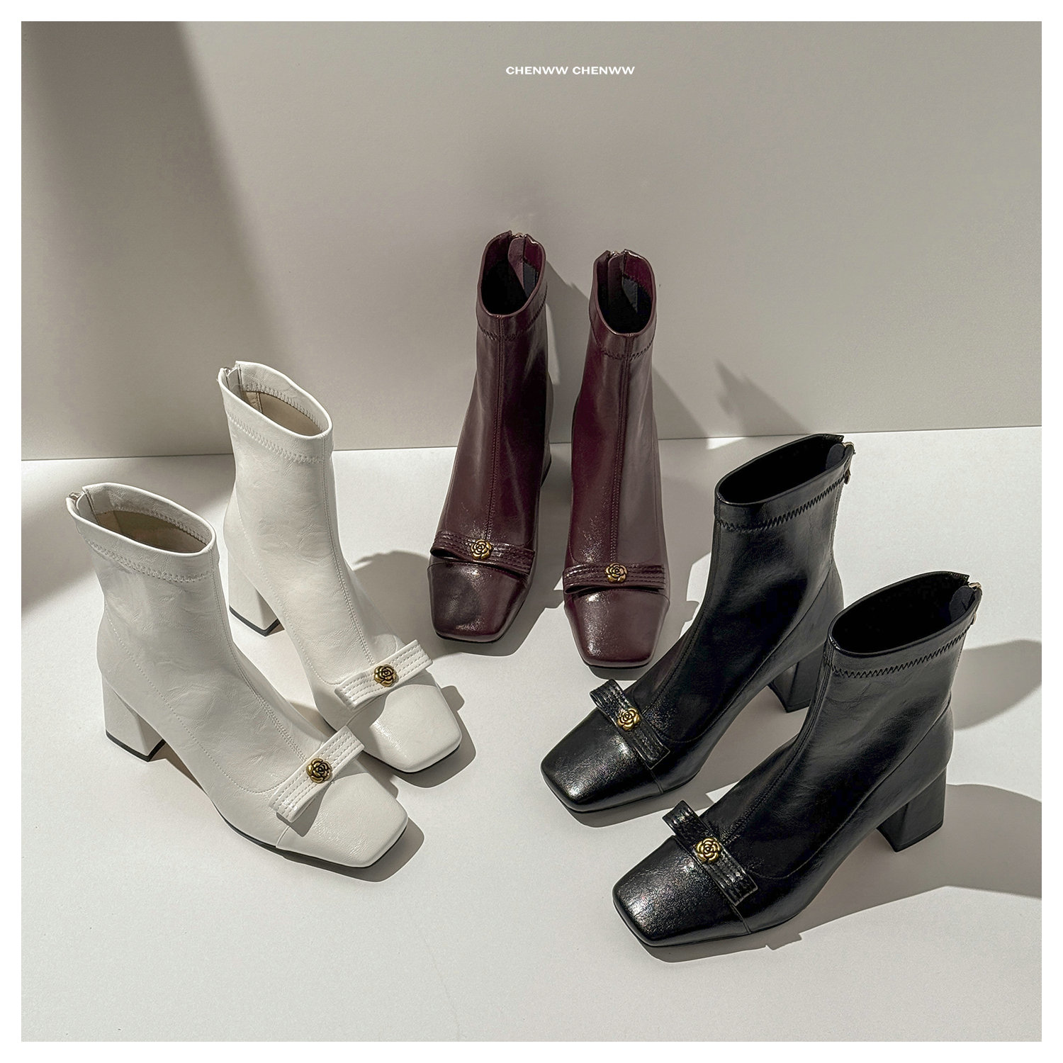 【CHENWW】新款复古山茶花瘦瘦靴中跟短靴粗跟靴复古弹力靴