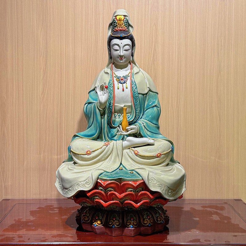 【釉彩宝瓶观音】石湾公仔尺寸30长度51高度