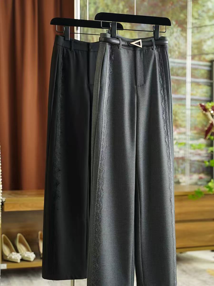 2025春夏季新款直筒裤女蕾丝边拼接阔腿裤女西装裤百搭时尚显瘦