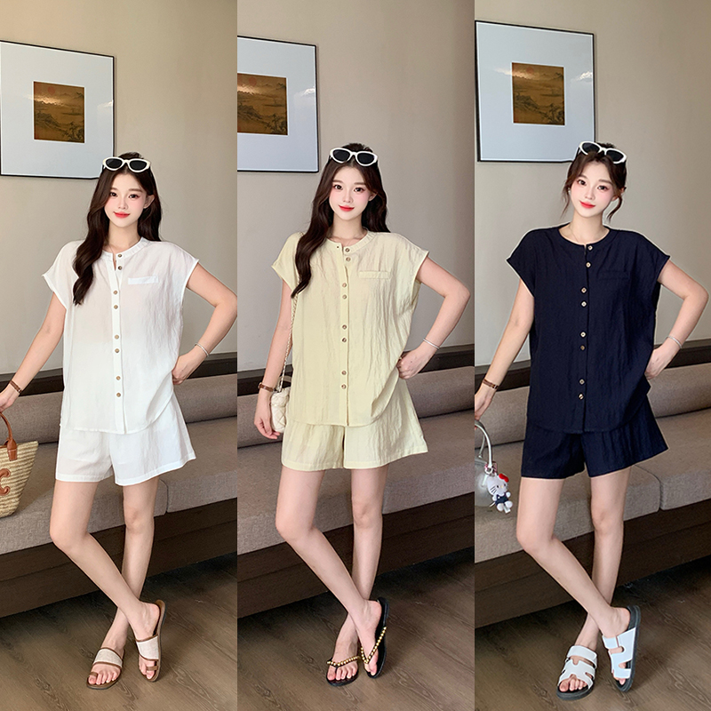 Q夏装新款胖mm大码女休闲设计感飞飞袖短袖显瘦短裤套装22807