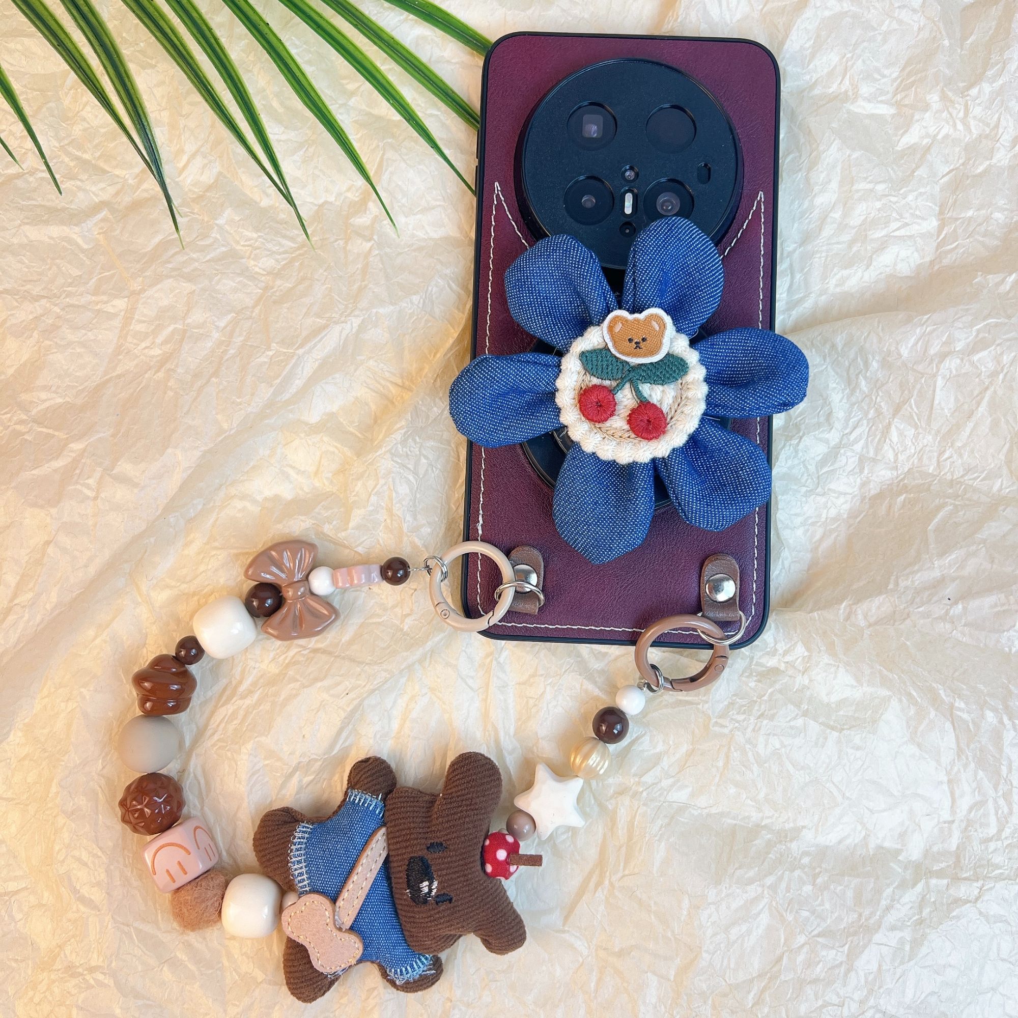 品申原创酒红布艺花朵磁吸支架手提链条适用华为mate80pro手机壳