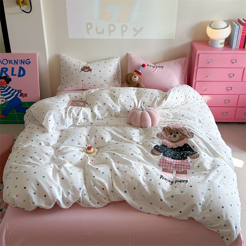 ins全棉贴布绣双层纱四件套卡通纯棉套件床单被套家居床上用品4件