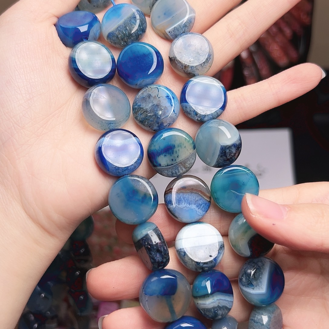 玛瑙/玉髓合金珠宝半成品x387。海洋玛瑙圆饼一条17mm