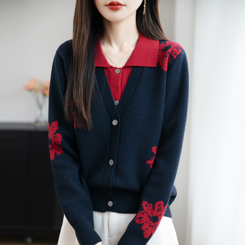 鄂尔多市纯100羊毛衫女士2025秋季宽松翻领假两件针织开衫上衣女