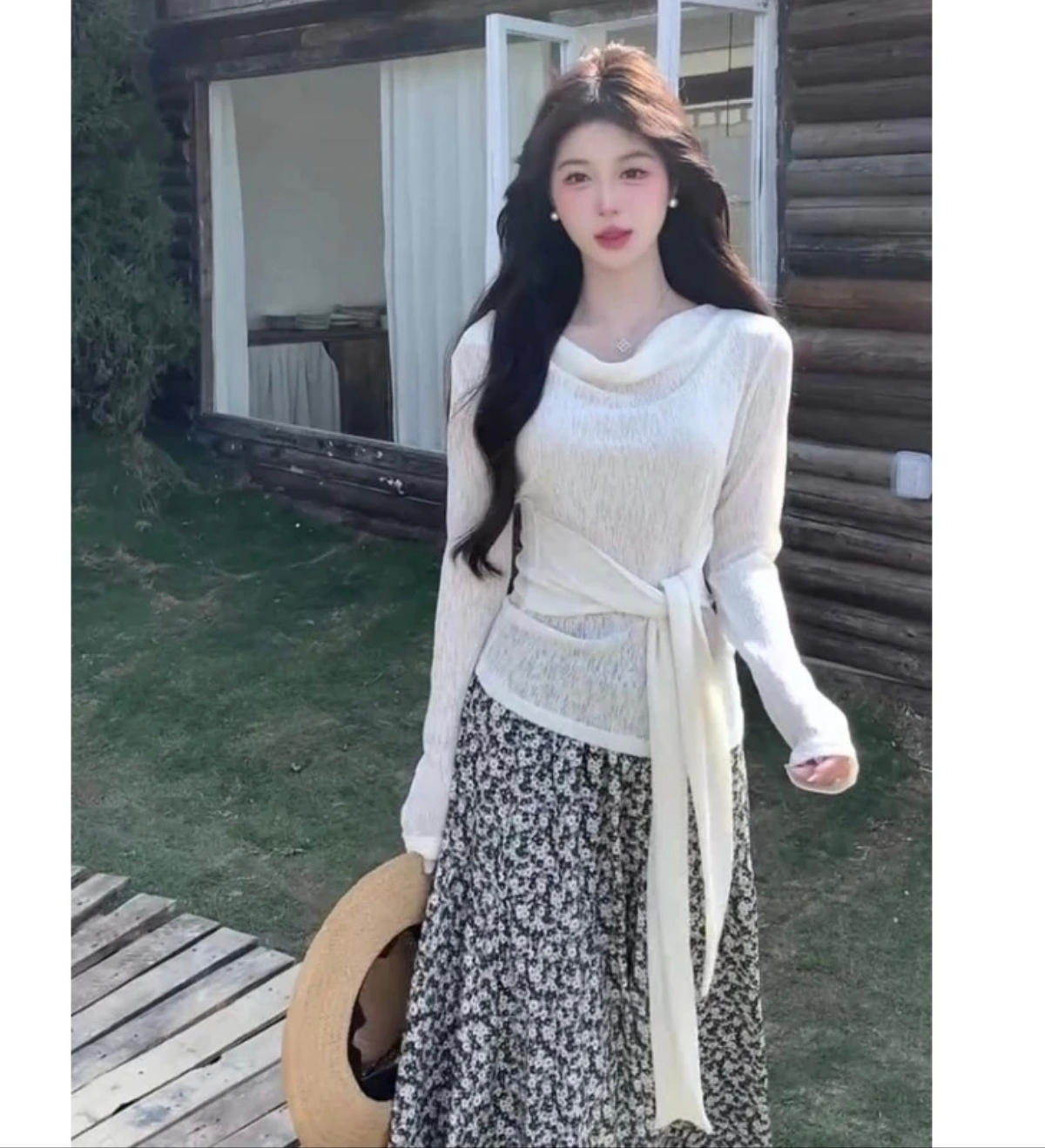 【半身裙】简约通勤荡领绑带T恤套装女春夏高腰碎花半身裙长裙